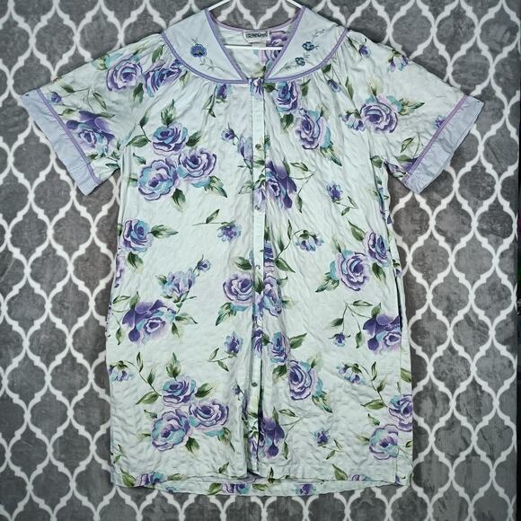Vintage Crowntuft Housecoat XL Purple Floral Snap Front Duster Smock Pockets - Picture 9 of 11